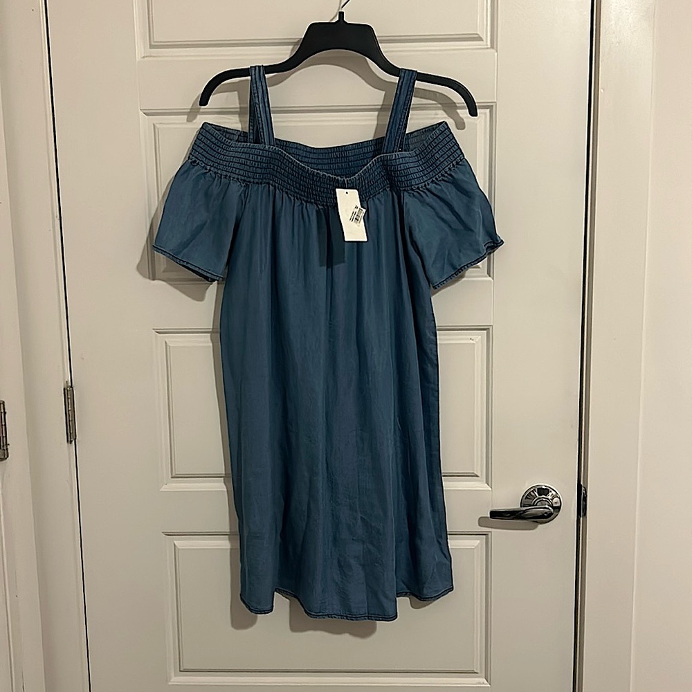Denim off-shoulder, above knee dress